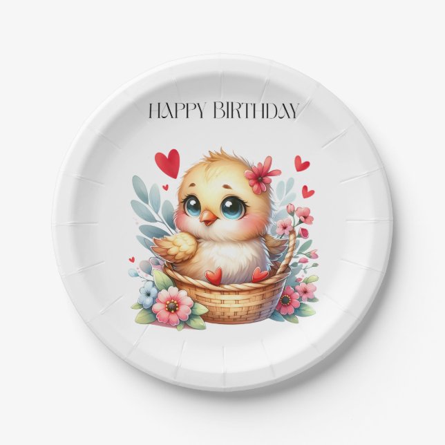 Plato De Papel Pollito de cumpleaños lindo. (Anverso)