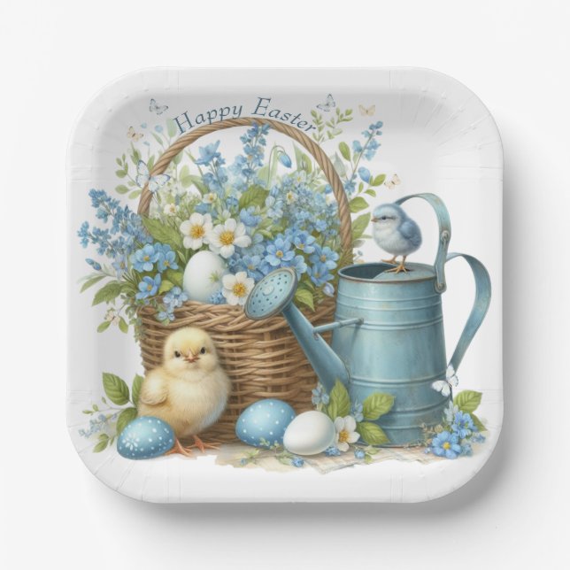 Plato De Papel Pollito de Pascua Personalizado en Acuarela (Anverso)