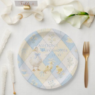 Plato De Papel Pollitos de patchwork azul y amarillo Baby Shower