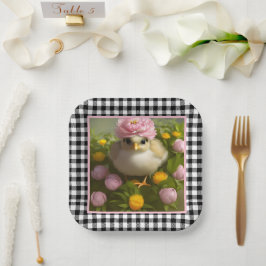 Plato De Papel Pollitos Lindos y Flores Primavera
