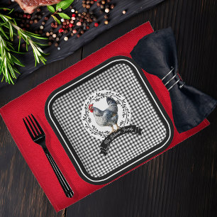 Plato De Papel Pollo rústico de gallo de campo BW Gingham Checks