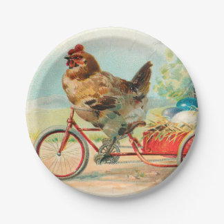 Plato De Papel Pollo vintage de Pascua montando un huevo de Pascu