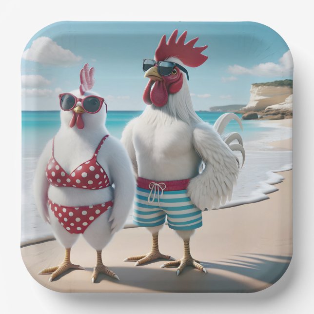 Plato De Papel Pollos blancos con traje de baño (Anverso)