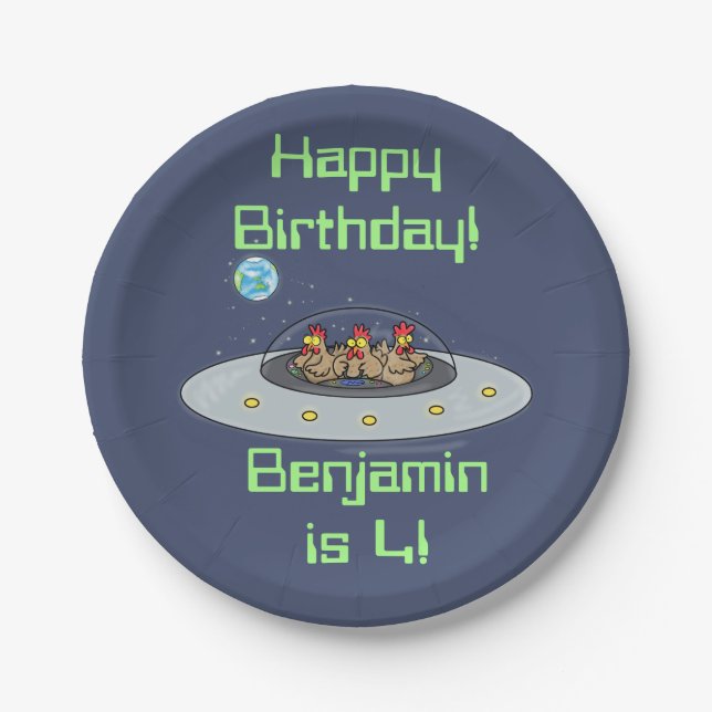 Plato De Papel Pollos divertidos en el personalizado de la nave e (Anverso)