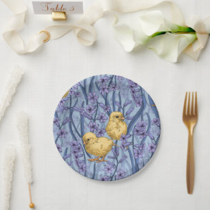 Plato De Papel Pollos e jacintos sobre el azul celeste