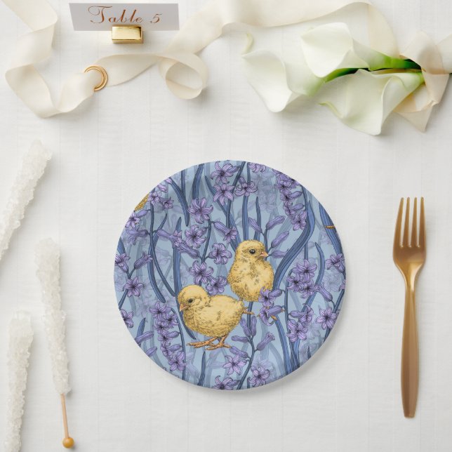 Plato De Papel Pollos e jacintos sobre el azul celeste (Boda)