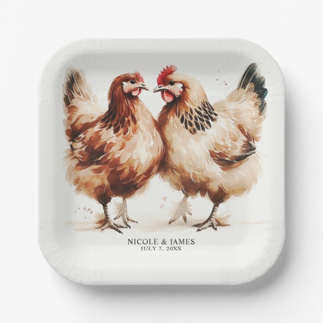 Plato De Papel Pollos Marrones Acuarela Boda Rústica (Anverso)