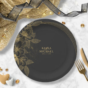Plato De Papel Polvo de oro y contornos Gracias Negro/Gld ID835