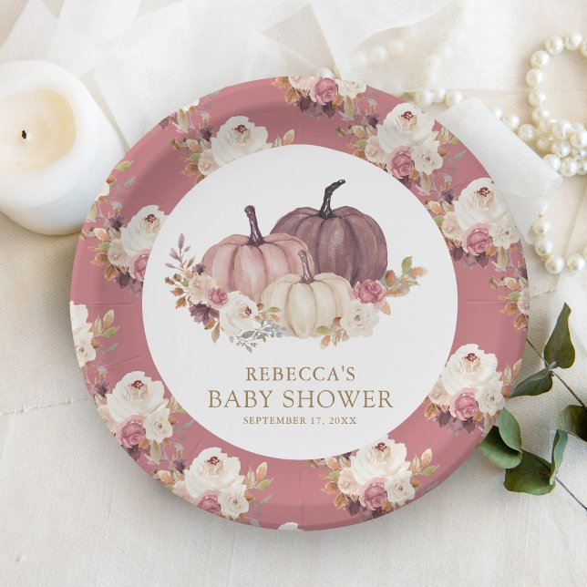 Plato De Papel Polvo Rosa rosado de calabaza floral Baby Shower (Subido por el creador)