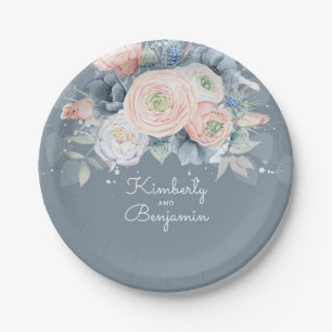 Plato De Papel Polvoriento Rosa y Pale Blue Floral Elegante Boda