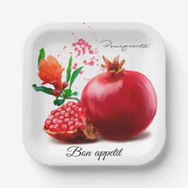 Plato De Papel Pomegranato y salpicadura. Ilustracion acuarela