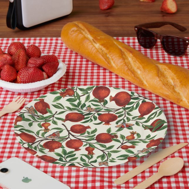 Plato De Papel Pomegranatos y Bella Moths sobre blanco roto (Picnic)