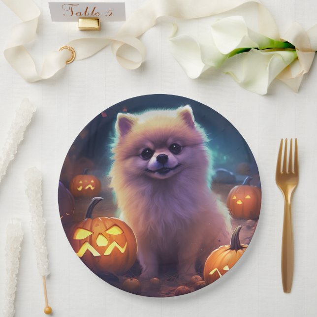 Plato De Papel Pomerania de Halloween con calabazas aterradoras (Boda)