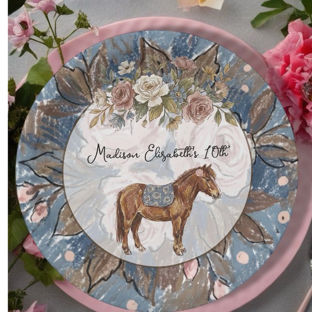 Plato De Papel Pony Birthday  ( This charming theme combines the elegance of French country décor with whimsical pony illustrations)
