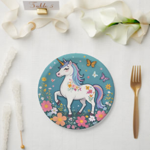 Plato De Papel Pony de unicornio floral adorable en pasteles