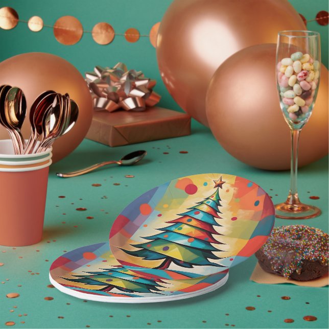 Plato De Papel Pop Art Árbol de Navidad Geométrico en plazas (Multi)
