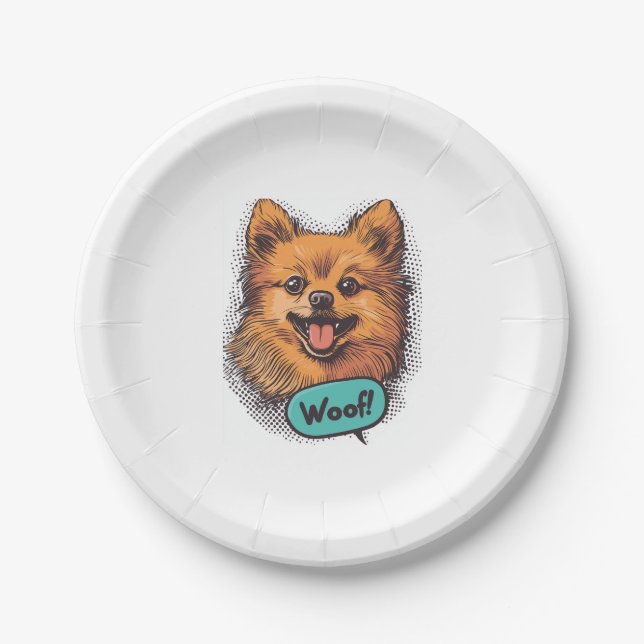 Plato De Papel Pop Art Pomeranian � Perro cómico retro (Anverso)