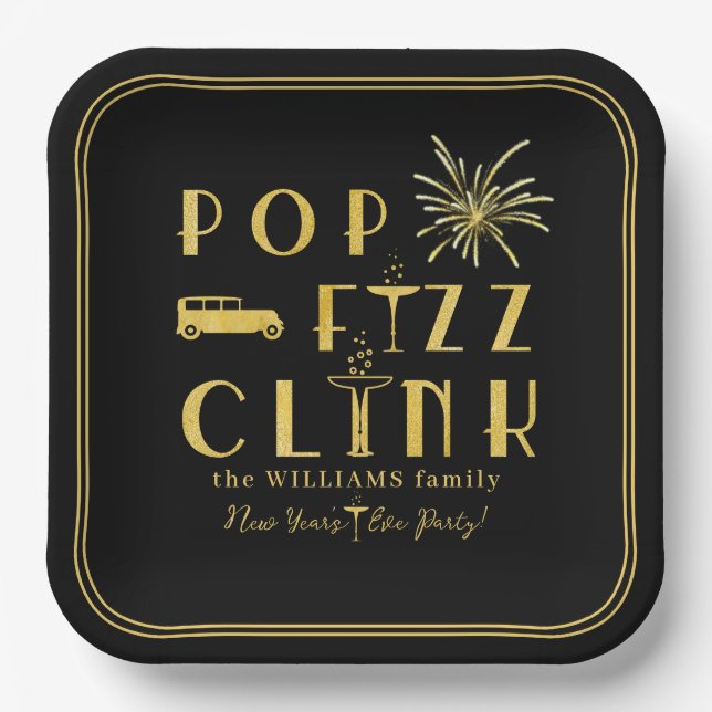 Plato De Papel Pop Fizz Clink Gold Typograpy Modern New Years Eve (Anverso)
