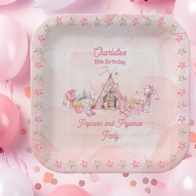 Plato De Papel Popcorn rosa y fiesta de cumpleaños de pijamas (Pink "Popcorn and Pajamas" Slumber | Sleepover Birthday Party Paper Plate)