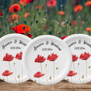 Plato De Papel Poppies Poppy Red floral Watercolor Bodas