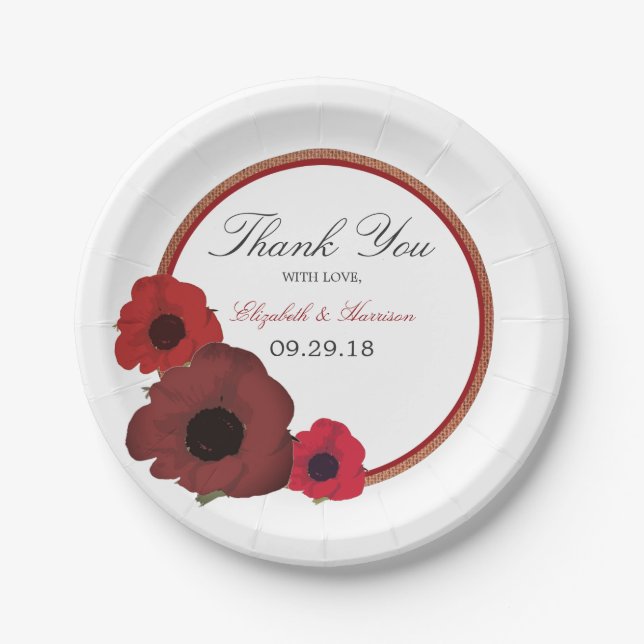 Plato De Papel Poppies rojos y Boda Burlap (Anverso)