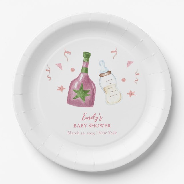 Plato De Papel Poppin Rosa Sweet Champagne Botellas Baby Shower (Anverso)