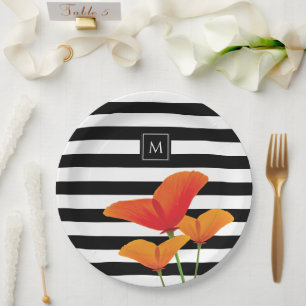 Plato De Papel Poppy Chic Rayas Negras Monograma