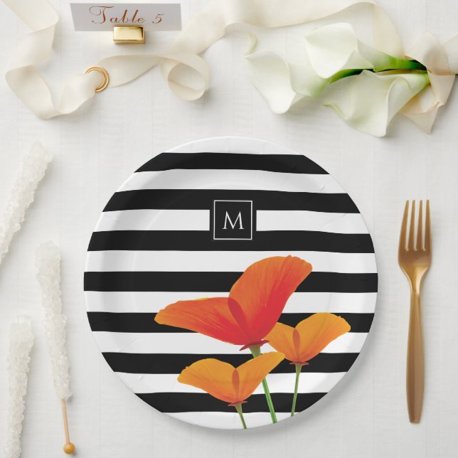 Plato De Papel Poppy Chic Rayas Negras Monograma (Boda)