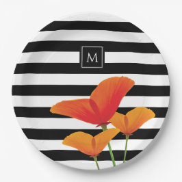 Plato De Papel Poppy Chic Rayas Negras Monograma