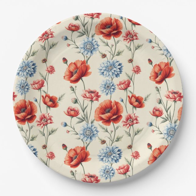 Plato De Papel Poppy y Dahlia Toile de Francia (Anverso)