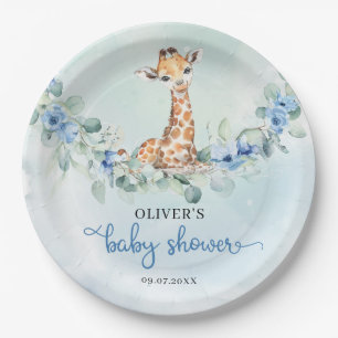 Plato De Papel Popular jirafa color azul flores safari