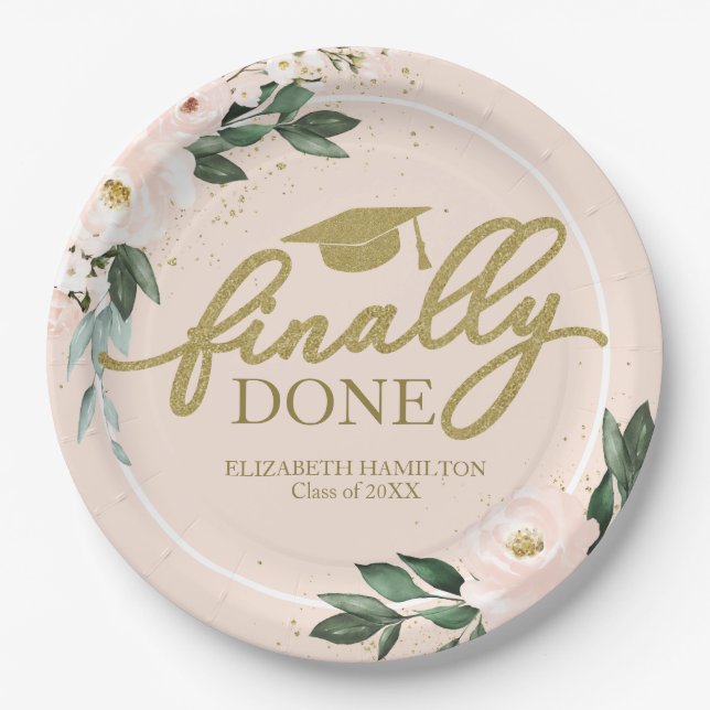 Plato De Papel Por último, Pink Rubor Floral Graduation Party (Anverso)