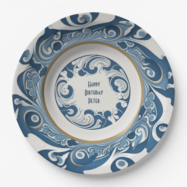 Plato De Papel Porcelana azul y blanca Art Deco personalizada (Anverso)