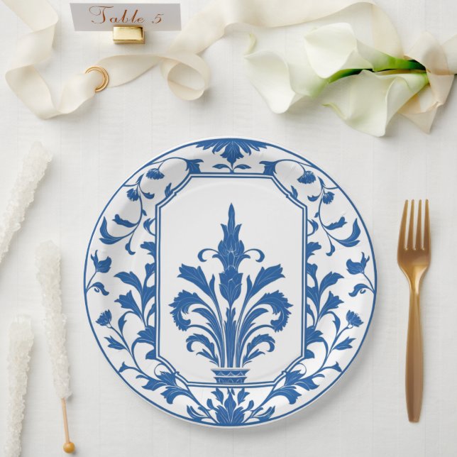 Plato De Papel Porcelana de chinoiserie moderna y trendy azul y b (Boda)