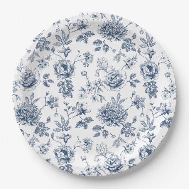 Plato De Papel Porcelana Floral Azul (Anverso)