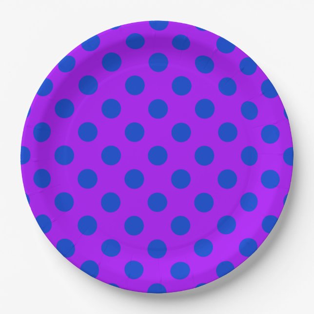 Plato De Papel Pos de polka azul sobre morado (Anverso)