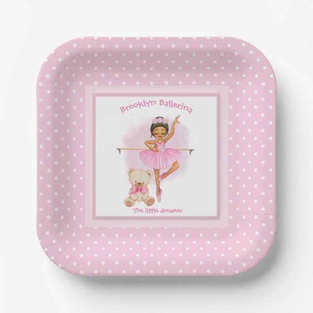 Plato De Papel Pos de polka blanca rosa con flores de Ballerina (Anverso)