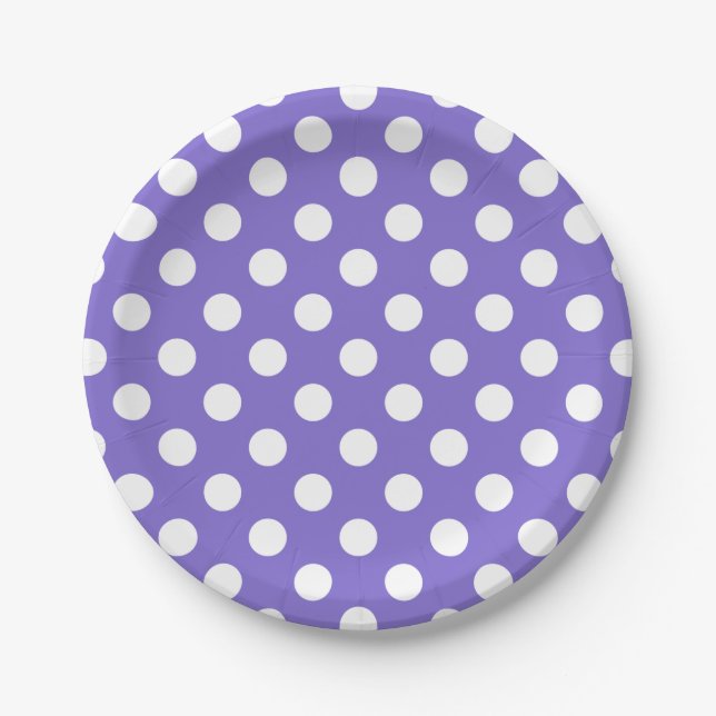 Plato De Papel Pos de polka blanco en periwinkle (Anverso)