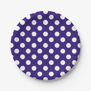 Plato De Papel Pos de polka blanco sobre azul oscuro