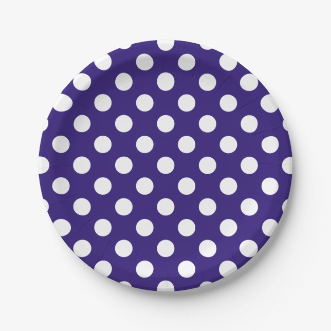 Plato De Papel Pos de polka blanco sobre azul oscuro (Anverso)