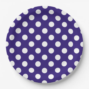 Plato De Papel Pos de polka blanco sobre azul oscuro