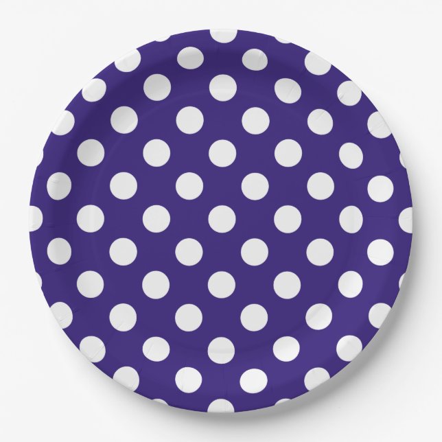Plato De Papel Pos de polka blanco sobre azul oscuro (Anverso)