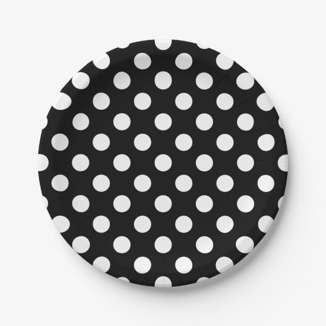 Plato De Papel Pos de polka blanco sobre negro (Anverso)