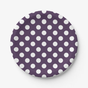 Plato De Papel Pos de polka blanco sobre púrpura de ciruela