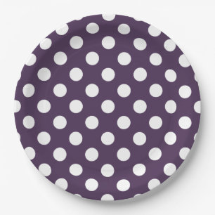 Plato De Papel Pos de polka blanco sobre púrpura de ciruela