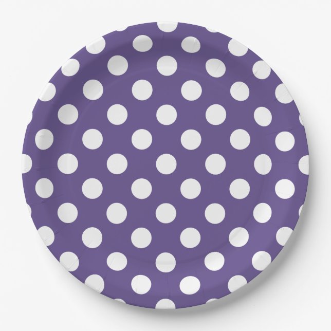 Plato De Papel Pos de polka blanco sobre ultravioleta (Anverso)