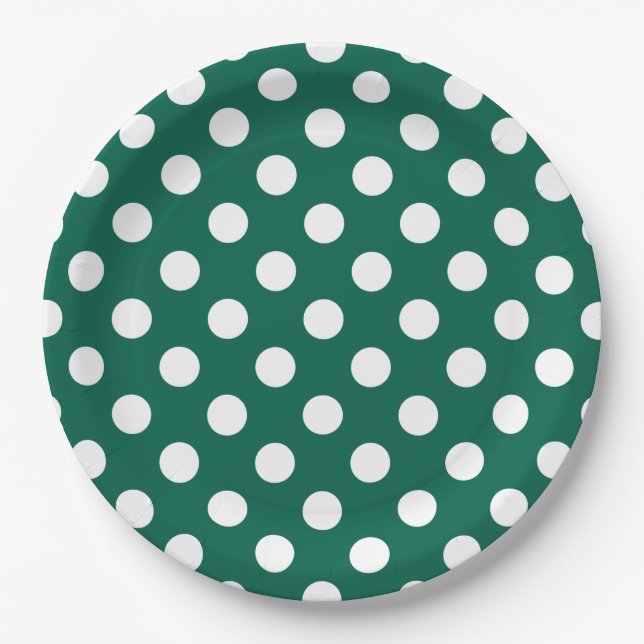 Plato De Papel Pos de polka blanco sobre verde sabio (Anverso)