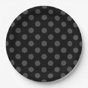 Plato De Papel Pos de polka gris sobre negro