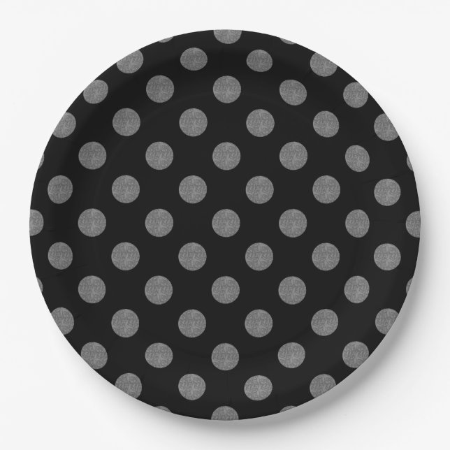 Plato De Papel Pos de polka gris y negro (Anverso)