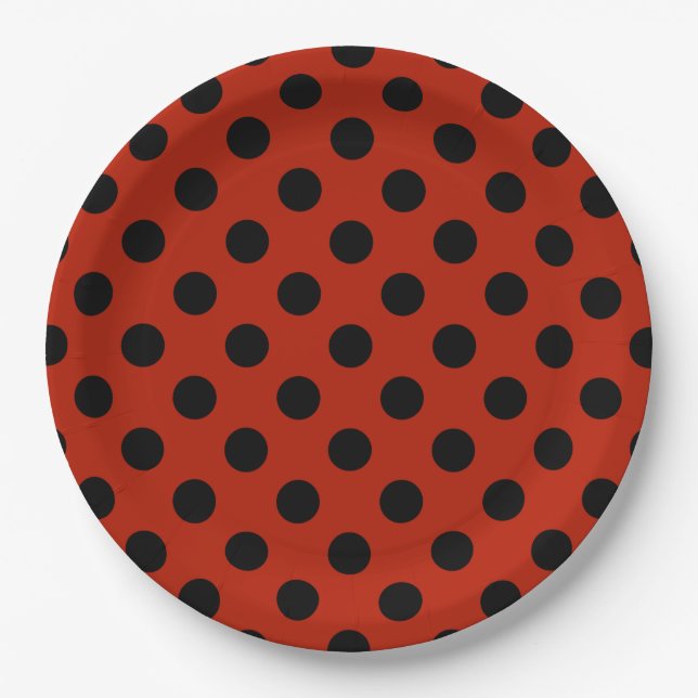 Plato De Papel Pos de polka negra en rojo (Anverso)